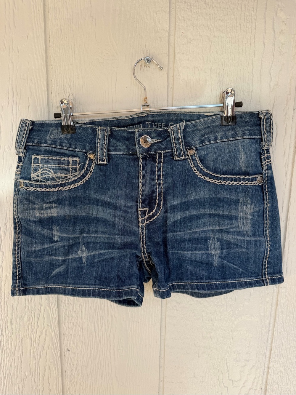 Cowgirl Tuff Distressed Dark Blue Denim Jean Shorts